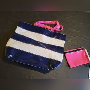 Navy and White Tote with Pink Pouch, Plastic And Canvas, Bonus Pouch included!